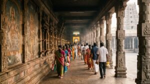 Srikalahasti Antharalaya Darshanam queue inside the temple corridor toward the inner sanctum
