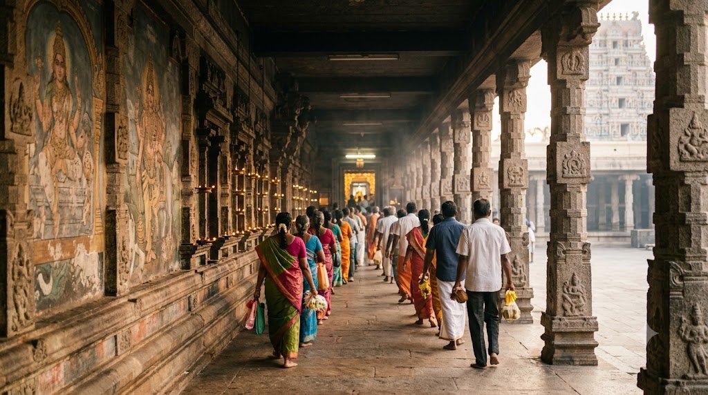 Srikalahasti Antharalaya Darshanam queue inside the temple corridor toward the inner sanctum