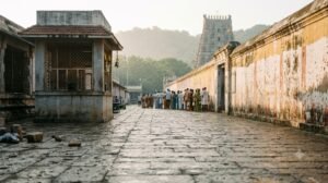 Srikalahasti NRI darshan explained: pilgrims queuing at a South Indian temple ticket counter in morning light
