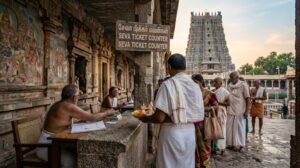 Srikalahasti seva darshan queue at the temple seva counter before Vayu Lingam darshan