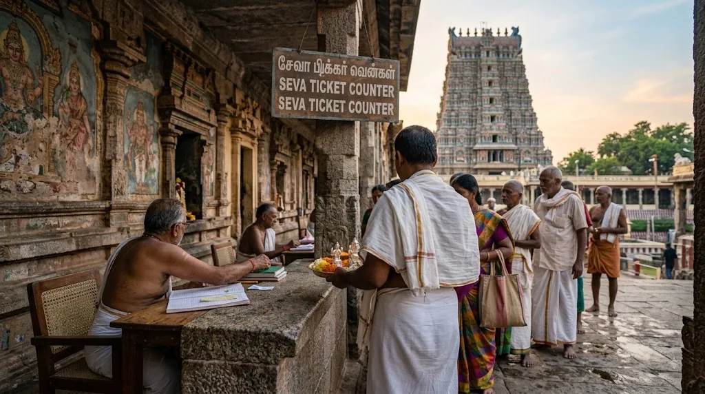 Srikalahasti seva darshan queue at the temple seva counter before Vayu Lingam darshan