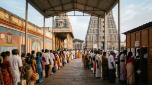 Srikalahasti special darshan ticket counter with pilgrims in the quick-entry queue