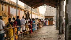 Srikalahasti VIP darshan booking counter queue with pilgrims waiting for darshan tickets in the morning